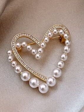 Anthropologie Gold Heart Brooch with Pearl Accents